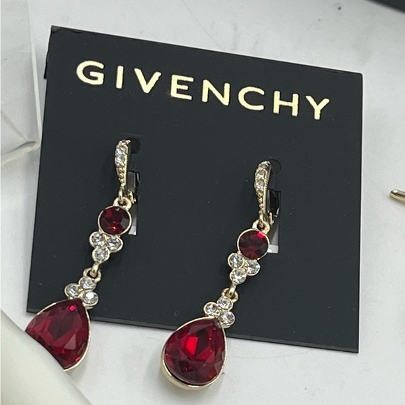 Givenchy Womens Gold Tone Red and Clear Crystal Dangle Drop Earring New - Picture 7 of 10